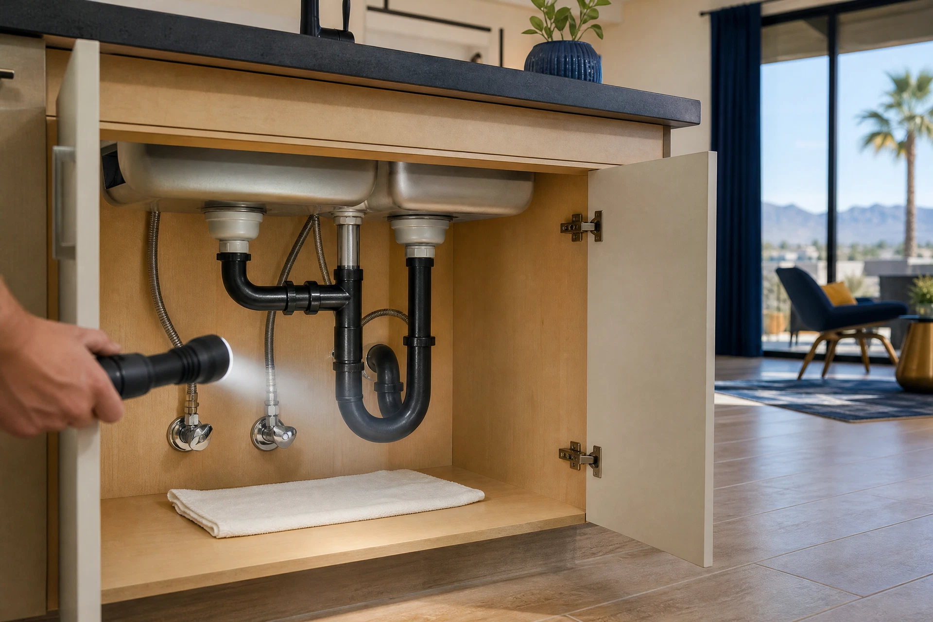 Kitchen sink plumbing and shutoff valves in a Las Vegas home